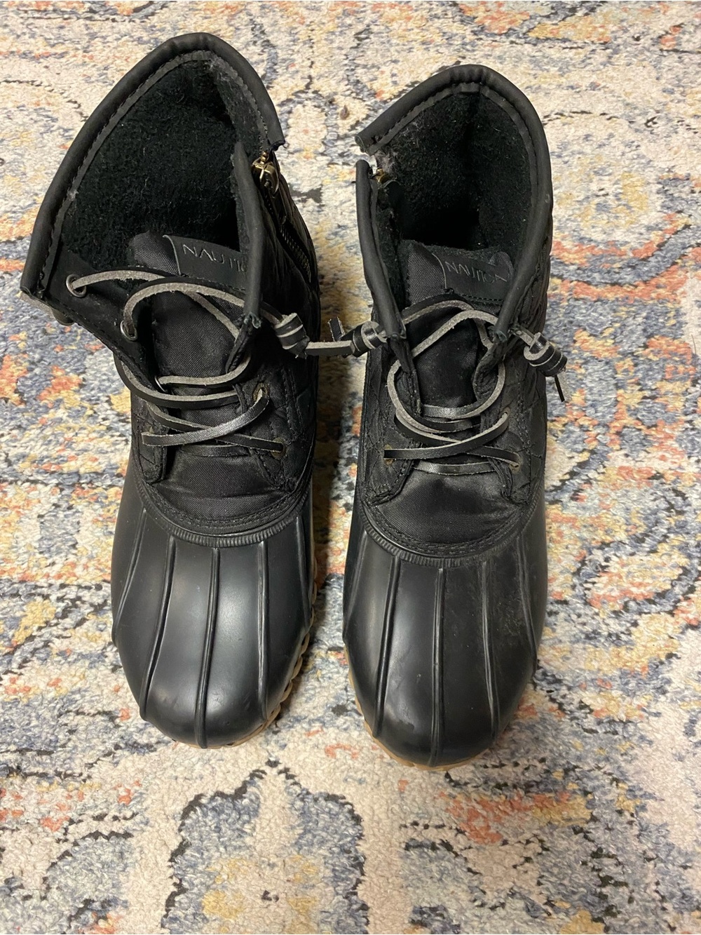 Nautica Black Waterproof Duck Boots with Lace-Up Front